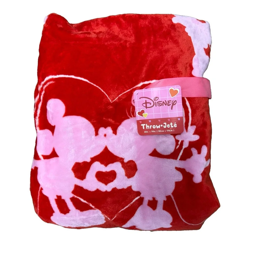 NWT Disney Kissing Mickey & Minnie Mouse Throw Blanket Red Pink Plush 60